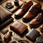 Premium handcrafted leather products in Pakistan, featuring a full-grain leather wallet, leather shoes, and a leather jacket, arranged on a wooden surface with natural lighting, showcasing authentic leather texture and quality stitching by Wolveyes.